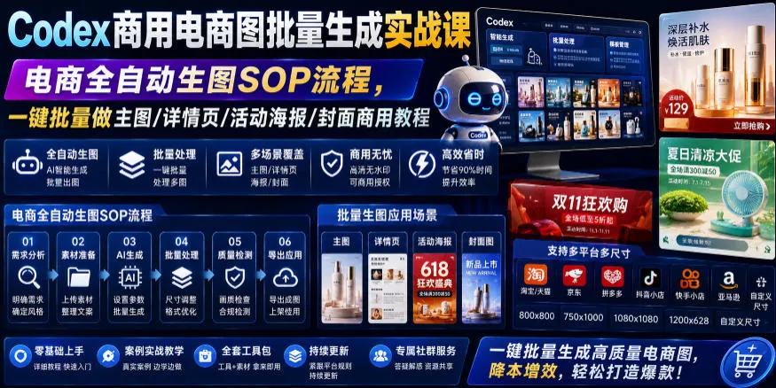 Codex商用电商图批量生成实战课｜电商全自动生图SOP流程，一键批量做主图/详情页/活动海报/封面商用教程-豌豆轻创