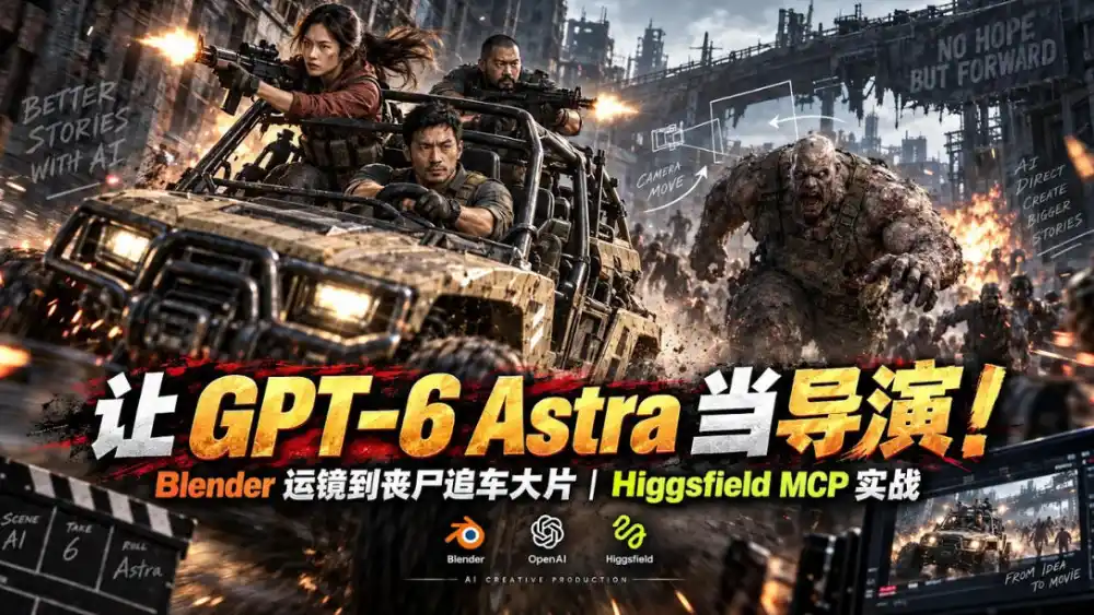 让GPT-6 Astra当导演！Blender运镜到丧尸追车大片｜Higgsfield MCP实战-豌豆轻创