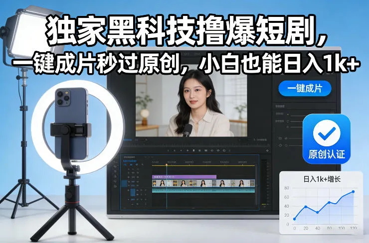 独家黑科技撸爆短剧，一键成片秒过原创，小白也能日入1k+【揭秘】-轻创