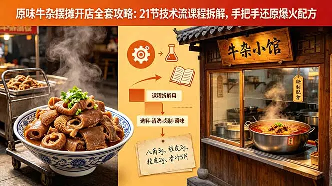 原味牛杂摆摊开店全套攻略：21节技术流课程拆解，手把手还原爆火配方-豌豆轻创