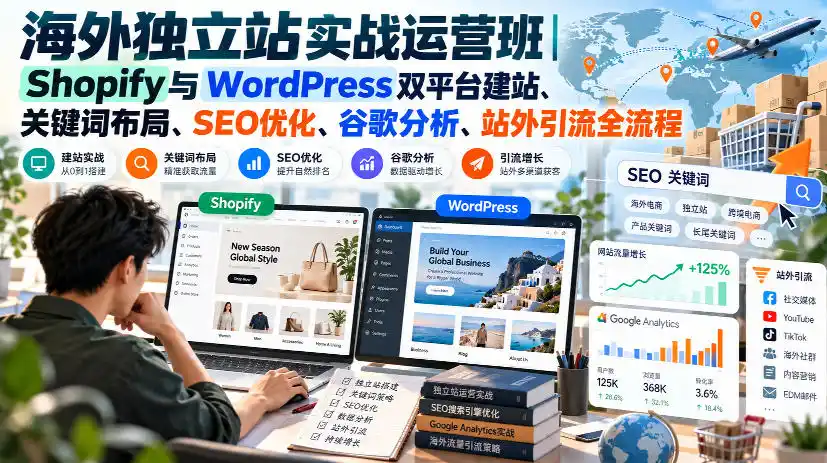 海外独立站实战运营班｜Shopify与WordPress双平台建站、关键词布局、SEO优化、谷歌分析、站外引流全流程-豌豆轻创