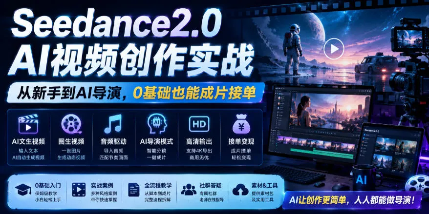 Seedance2.0 AI视频创作实战，从新手到AI导演，0基础也能成片接单变现-豌豆轻创