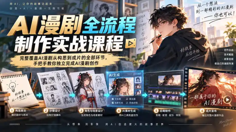 AI漫剧全流程制作实战课程，完整覆盖AI漫剧从构思到成片的全部环节，手把手教你独立完成AI漫剧创作-豌豆轻创