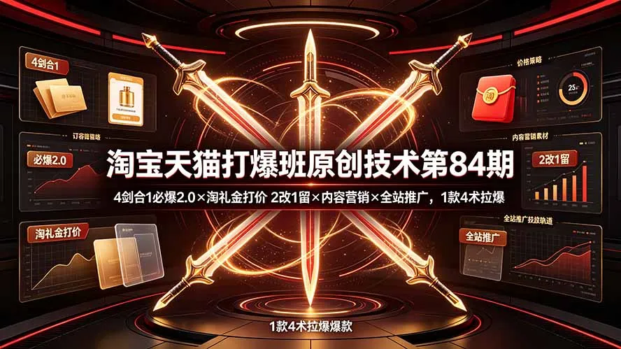 淘宝天猫打爆班原创技术第84期:4剑合1必爆2.0×淘礼金打价×2改1留×内容营销×全站推广,1款4术拉爆-豌豆轻创