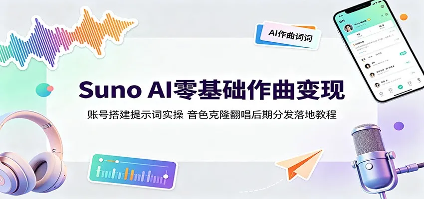 Suno AI零基础作曲变现：账号搭建提示词实操，音色克隆翻唱后期分发落地教程-豌豆轻创