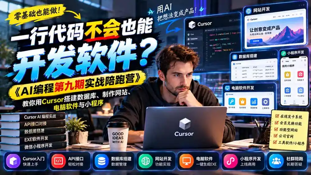 一行代码不会也能开发软件?《AI编程第九期实战陪跑营》教你用Cursor搭建数据库、制作网站、电脑软件与小程序-豌豆轻创