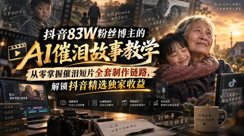 抖音83W粉丝博主的AI催泪故事教学，从零掌握催泪短片全套制作链路，解锁抖音精选独家收益-豌豆轻创