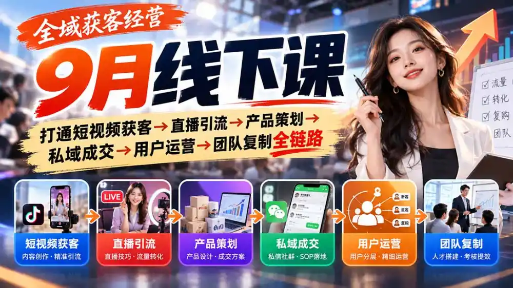 全域获客经营9月线下课：打通短视频获客→直播引流→产品策划→私域成交→用户运营→团队复制全链路-豌豆轻创