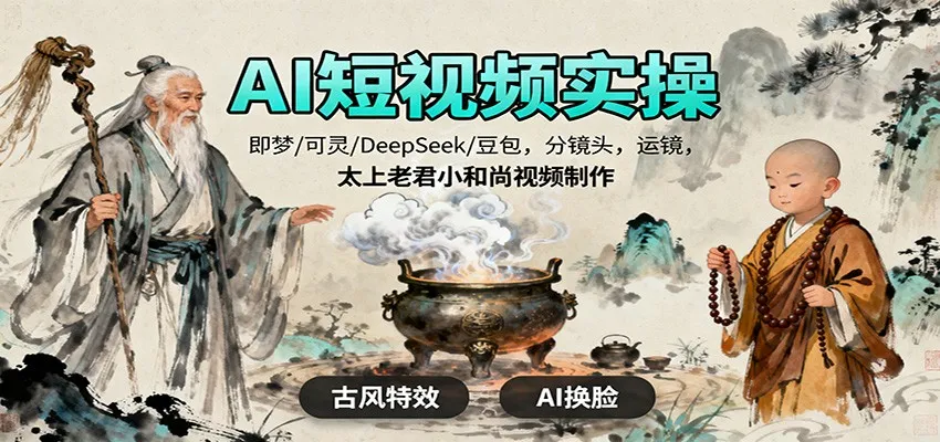 AI短视频实操，即梦/可灵/DeepSeek/豆包，分镜头，运镜，太上老君小和尚视频制作-轻创