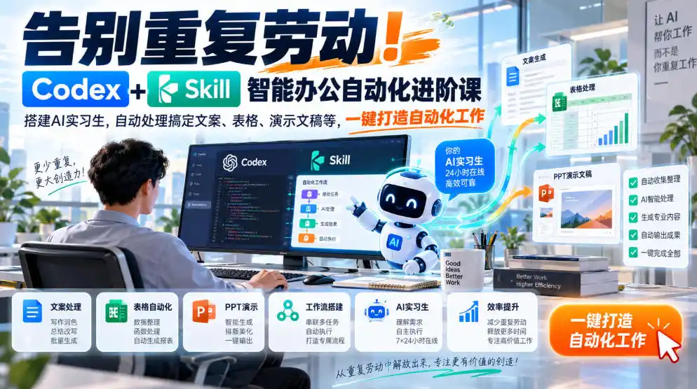 告别重复劳动！Codex+Skill智能办公自动化进阶课｜搭建AI实习生，自动处理搞定文案、表格、演示文稿等，一键打造自动化工作-豌豆轻创
