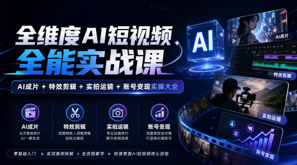 全维度AI短视频全能实战课，AI成片+特效剪辑+实拍运镜+账号变现实操大全-豌豆轻创