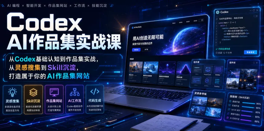 Codex AI作品集实战课，从Codex基础认知到作品集实战，从灵感搜集到Skill沉淀，打造属于你的AI作品集网站-豌豆轻创