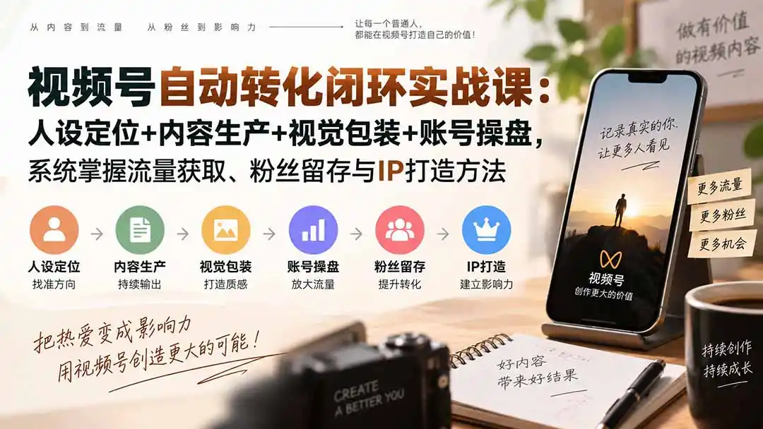 视频号自动转化闭环实战课：人设定位+内容生产+视觉包装+账号操盘，系统掌握流量获取、粉丝留存与IP打造方法-豌豆轻创