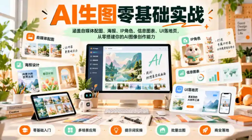 AI生图零基础实战，涵盖自媒体配图、海报、IP角色、信息图表、UI落地页，从零搭建你的AI图像创作能力-豌豆轻创