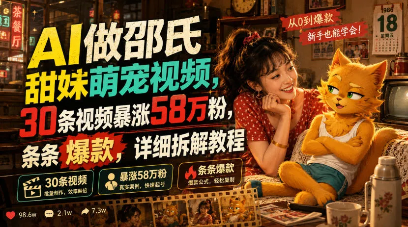 AI做邵氏甜妹萌宠视频，30条视频暴涨58万粉，条条爆款，详细拆解教程-豌豆轻创