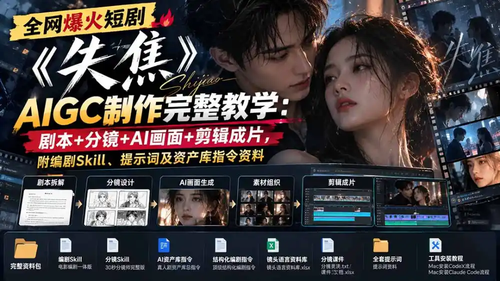 全网爆火短剧《失焦》AIGC制作完整教学：剧本+分镜+AI画面+剪辑成片，附编剧Skill、提示词及资产库指令资料-豌豆轻创