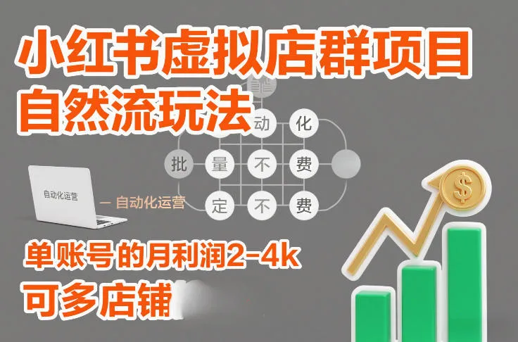 小红书虚拟店群项目,自然流玩法,批量自动化,稳定不费号,单账号的月利润2-4k,可多店矩阵-轻创