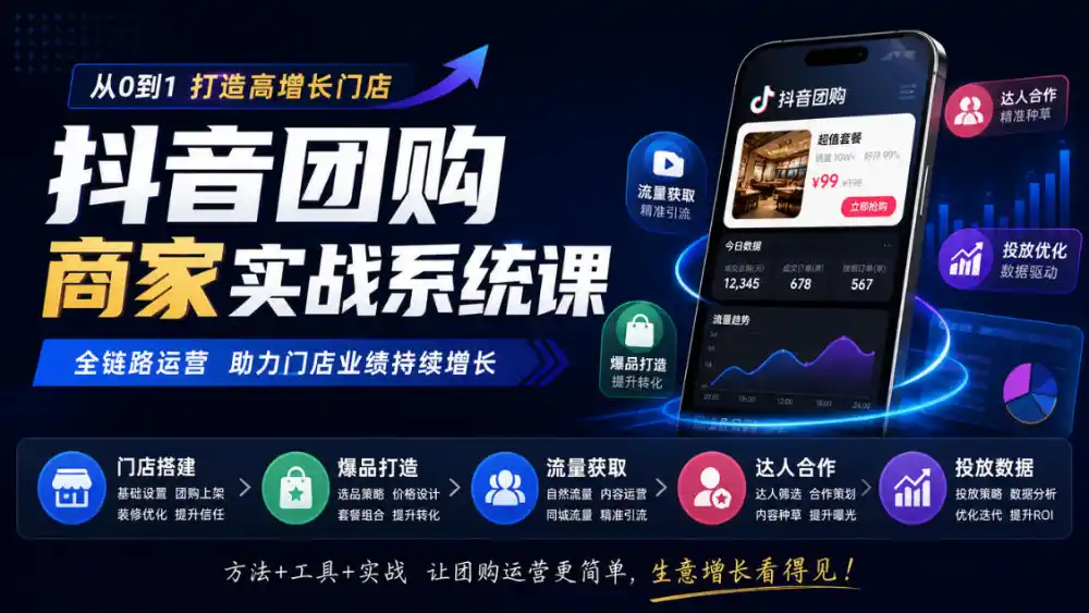 抖音团购商家实战系统课｜门店搭建、爆品打造、流量获取、达人合作、投放数据全链路运营-豌豆轻创
