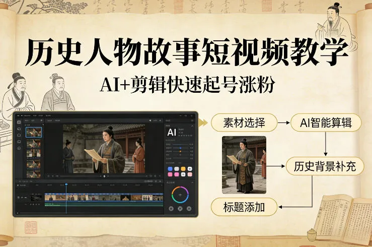 历史人物故事短视频教学，AI+剪辑制作历史人物题材短视频，快速起号涨粉-轻创