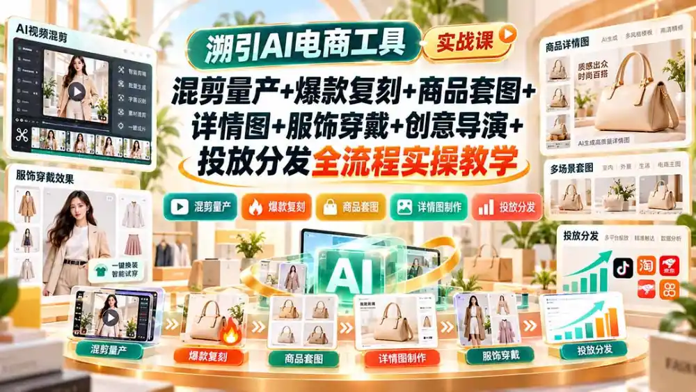 溯引AI电商工具实战课：混剪量产+爆款复刻+商品套图+详情图+服饰穿戴+创意导演+投放分发全流程实操教学-豌豆轻创