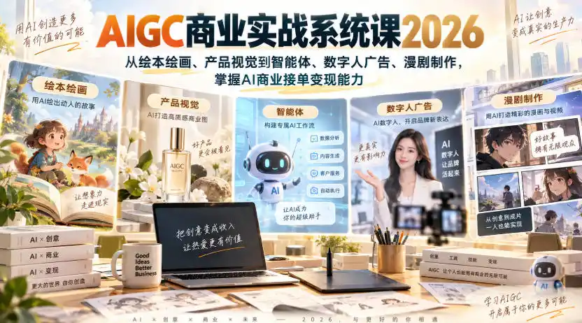 AIGC商业实战系统课2026，从绘本绘画、产品视觉到智能体、数字人广告、漫剧制作，掌握AI商业接单变现能力-豌豆轻创
