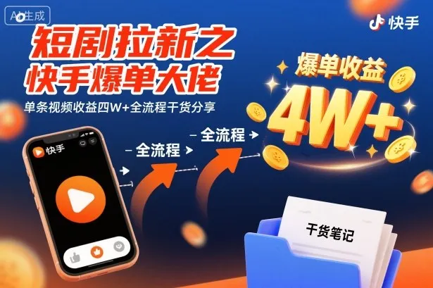 短剧拉新之快手爆单大佬单条视频收益四W+全流程干货分享-轻创