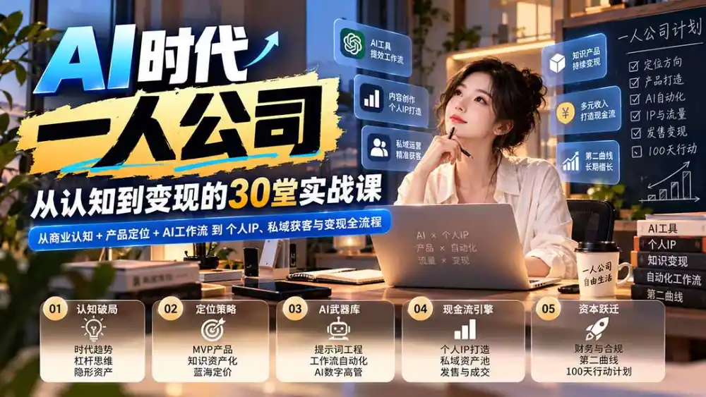 【无水印】AI时代一人公司30堂实战课：从商业认知+产品定位+AI工作流到个人IP、私域获客与变现全流程-豌豆轻创
