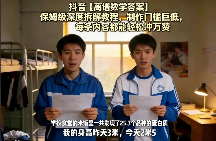 抖音【离谱数学答案】保姆级深度拆解教程，制作门槛巨低，每条内容都能轻松冲万赞，附详细步骤-豌豆轻创