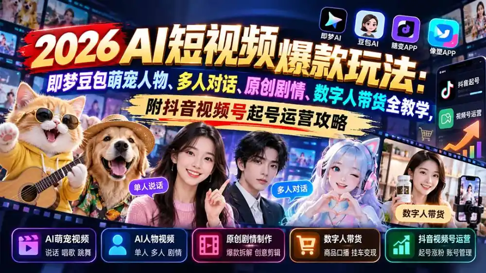 2026AI短视频爆款玩法：即梦豆包萌宠人物、多人对话、原创剧情、数字人带货全教学，附抖音视频号起号运营攻略-豌豆轻创