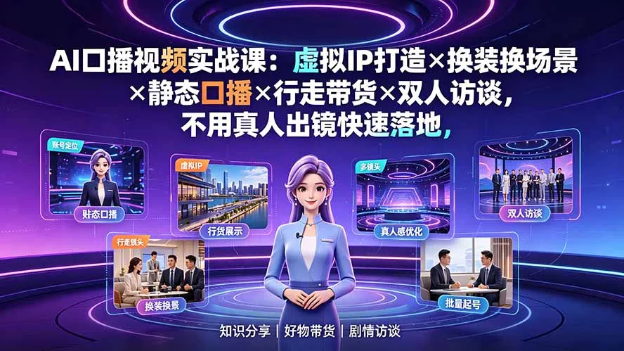 AI口播视频实战课：虚拟IP打造×换装换场景×静态口播×行走带货×双人访谈，不用真人出镜快速落地-豌豆轻创