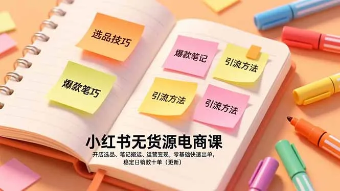 小红书无货源电商课，开店选品、笔记搬运、运营变现，零基础快速出单，稳定日销数十单(更新-轻创