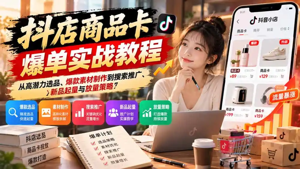 抖店商品卡爆单实战教程:从高潜力选品、爆款素材制作到搜索推广、新品起量与放量策略-豌豆轻创