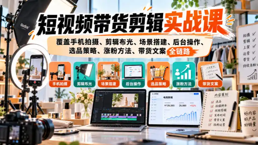 短视频带货剪辑实战课，覆盖手机拍摄、剪辑布光、场景搭建、后台操作、选品策略、涨粉方法、带货文案全链路-豌豆轻创