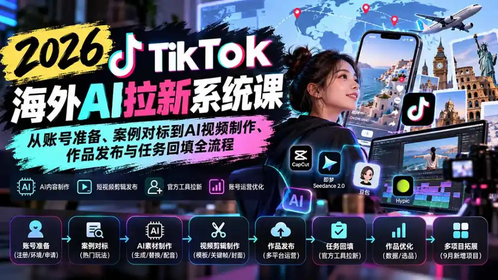 【无水印】2026 TikTok海外AI拉新系统课：从账号准备、案例对标到AI视频制作、作品发布与任务回填全流程-豌豆轻创