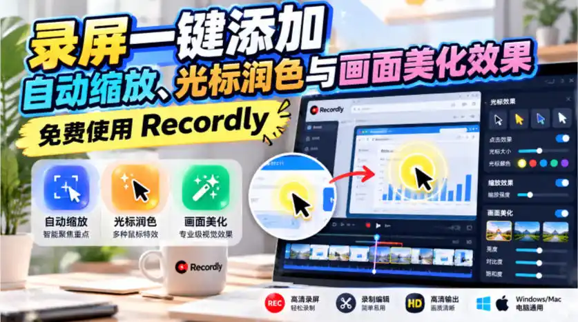 录屏一键添加自动缩放、光标润色与画面美化效果，免费使用Recordly-豌豆轻创