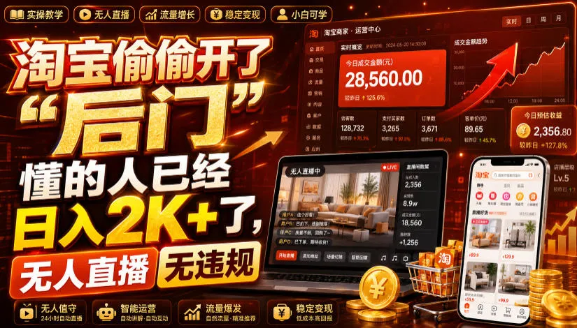 淘宝偷偷开了“后门”，懂的人已经日入2K+了，无人直播无违规，一台电脑=一家24小时营业的线上门店【揭秘】-豌豆轻创