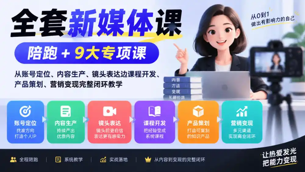 全套新媒体课｜陪跑+9大专项课，从账号定位、内容生产、镜头表达到课程开发、产品策划、营销变现完整闭环教学-豌豆轻创