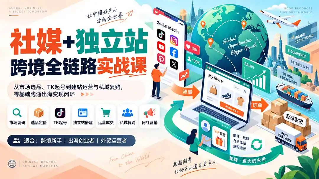 社媒+独立站跨境全链路实战课：从市场选品、TK起号到建站运营与私域复购，零基础跑通出海变现闭环-豌豆轻创