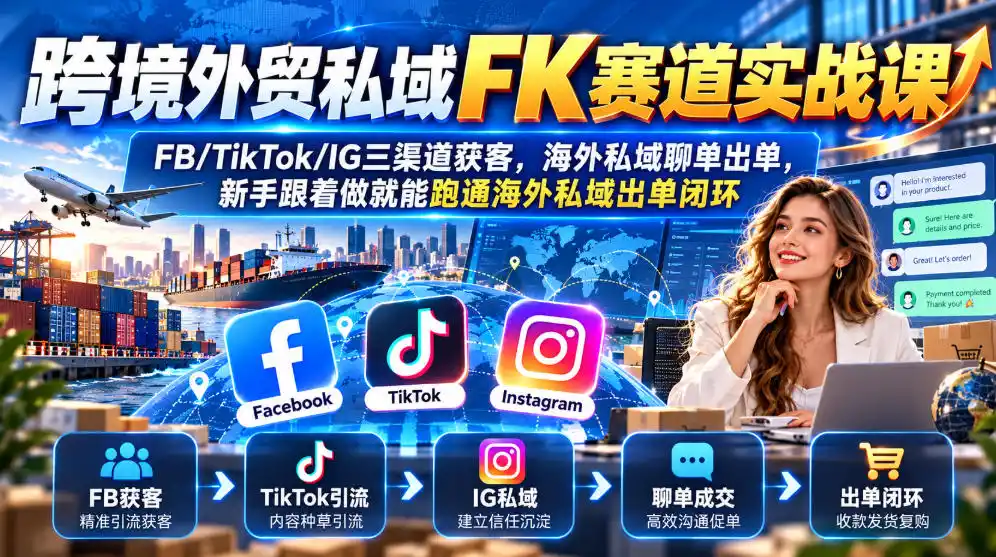跨境外贸私域FK赛道实战课｜FB/TikTok/IG三渠道获客，海外私域聊单出单，新手跟着做就能跑通海外私域出单闭环-豌豆轻创