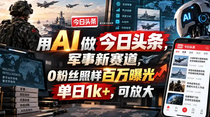用AI做今日头条，军事新赛道，0粉丝照样百万曝光，单日1k+，可放大-豌豆轻创