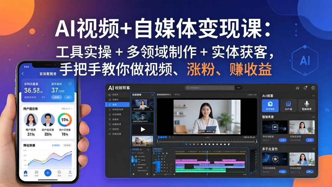 AI视频+自媒体变现课：工具实操 + 多领域制作 + 实体获客，手把手教你做视频、涨粉、赚收益-豌豆轻创