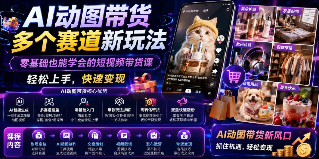 AI动图带货多个赛道新玩法，零基础也能学会的短视频带货课，轻松上手，快速变现-豌豆轻创