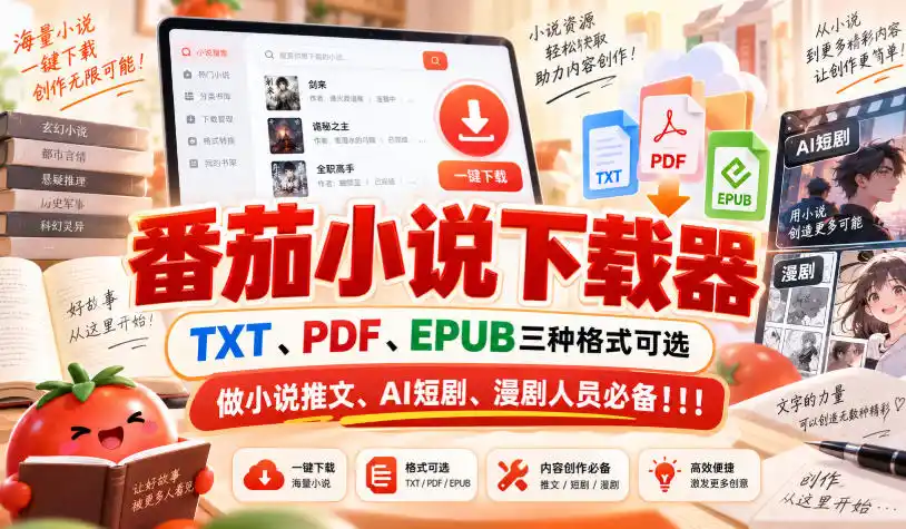番茄小说下载器,TXT、PDF、EPUB三种格式可选,做小说推文、AI短剧、漫剧人员必备!!!-豌豆轻创