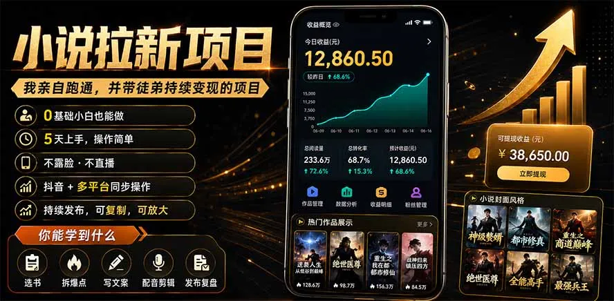 抖音及多平台小说拉新项目：我亲自跑通并持续带徒弟实操｜0基础小白5天上手快速变现-豌豆轻创