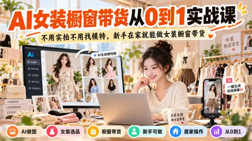 AI女装橱窗带货从0到1实战课，不用实拍不用找模特，新手在家就能做女装橱窗带货-豌豆轻创