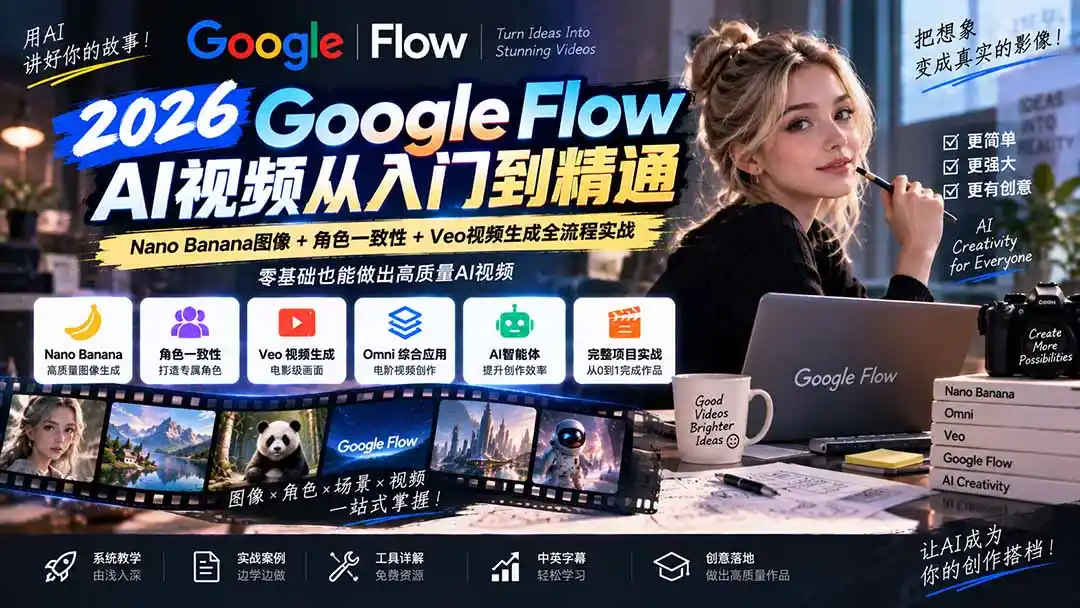 【无水印】Google Flow AI视频从入门到精通：Nano Banana图像+角色一致性+Veo视频生成全流程实战-精翻中英字幕-豌豆轻创
