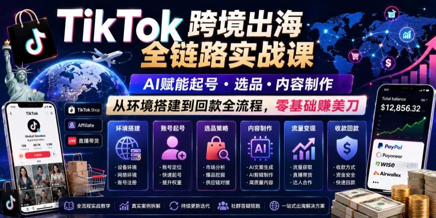 TikTok跨境出海全链路实战课,AI赋能起号・选品・内容制作,从环境搭建到回款全流程,零基础賺美刀-豌豆轻创