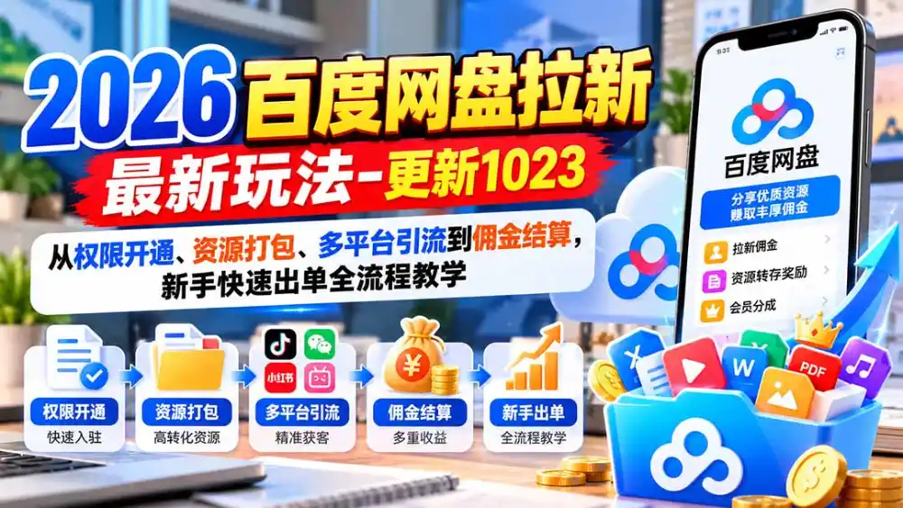 2026百度网盘拉新最新玩法-更新1023：从权限开通、资源打包、多平台引流到佣金结算，新手快速出单全流程教学-豌豆轻创