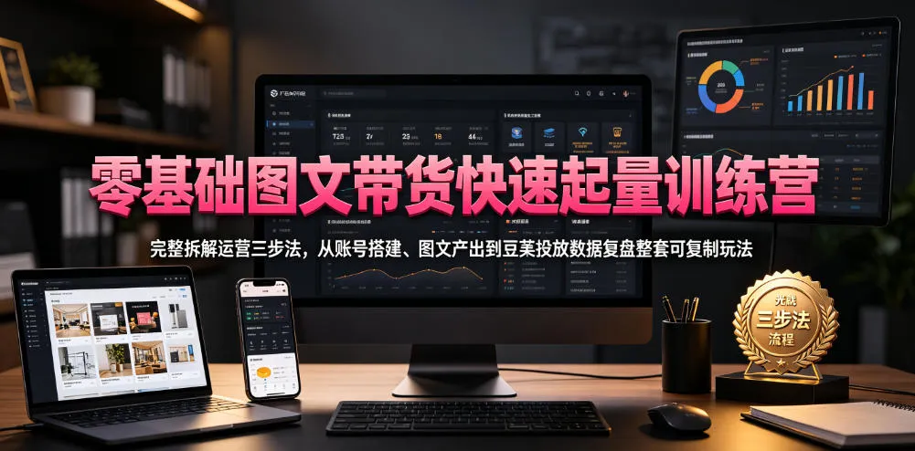 零基础图文带货快速起量训练营，完整拆解运营三步法，从账号搭建、图文产出到豆荚投放数据复盘整套可复制玩法-豌豆轻创
