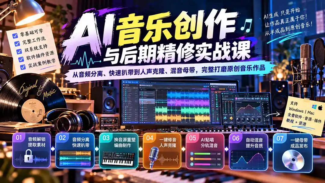 AI音乐创作与后期精修实战课：从音频分离、快速扒带到人声克隆、混音母带，完整打磨原创音乐作品-豌豆轻创